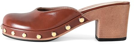DOEYG Brown Platform Chunky Clogs for Women Round Toe Block Heels Mules Dressy Comfortable Casual Slip on Mule Shoes with Metal Stud Size 8.5