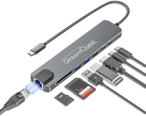 DreamQuest 8-in-1 USB C Hub Dockingstation, USB-C Adapter mit 4K HDMI, 100W PD Ladefunktion, RJ45 Ethernet, SD/TF Kartenleser, USB 3.0 für MacBook Pro/Air, iPad,Surface