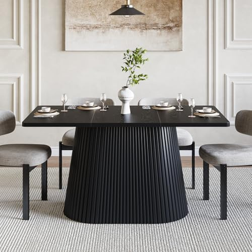 LITTLE TREE 59 Farmhouse Dining Table for 4-6 People, Modern Rectangular Kitchen Table with Metal Pedestal Base, Perfect for Dining Room, Kitchen, Living Room (Black)