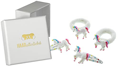 Haarallerliebst Haarspangen und Haargummi Set für Kinder – 4 Stück Einhörner Glitzer inkl. Aufbewahrungsbox weiss – Ideal für dünnes bis dickes Haar