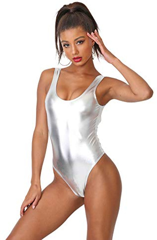 Cemi Ceri Women's J2 LOVE Faux Leather Tank Thong Bodysuit, Large, Silver