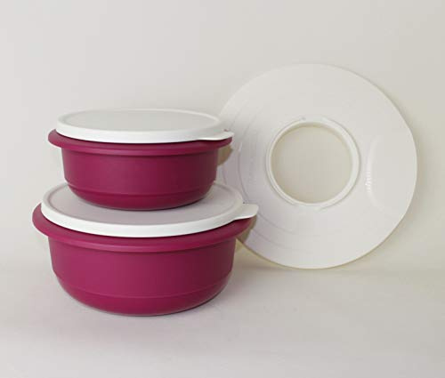 TUPPERWARE Peng Schüssel 2,0L + 1,0L + Spritzschutzdeckel in Brombeere Weiß Rührschüssel, Servierschüssel + Teetasse