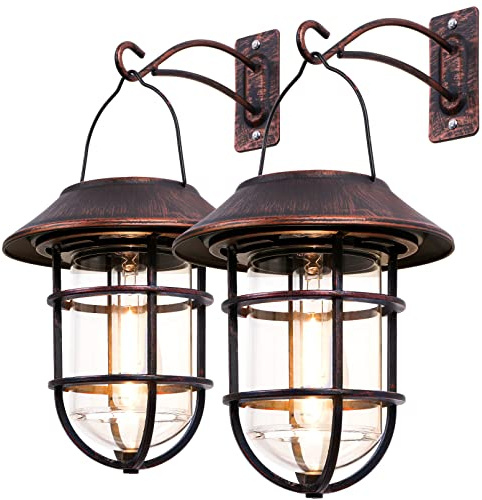 Solar Lantern Outdoor Hanging Solar Lights, Waterproof Metal Outdoor Lights with Clear Glass, LED Decorative Aluminum Wall Lantern with Hooks, Bronze