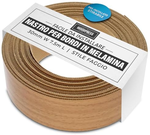 WoodPress® 30mm Buchenholz-Stil Melamin Kantenumleimer mit Schmelzkleber – 7,5m Rolle – Einfaches Aufbügeln für Heimwerker