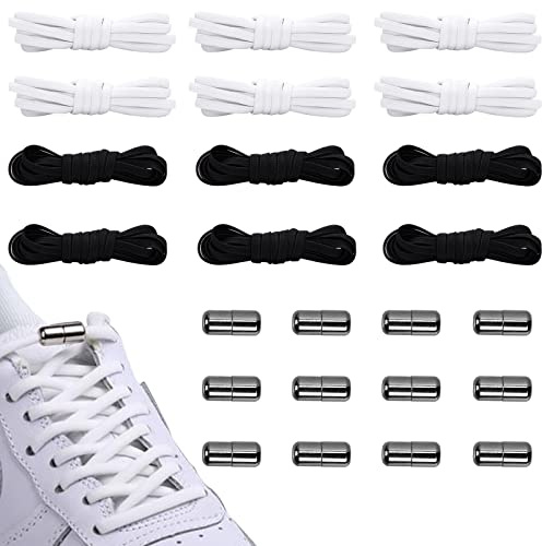 6 par elastiska, rosettlösa skosnören med metallkapsel utan band, justerbara universella skoband, för sneakers, sportskor, gymnastikskor, barn och vuxna (6 mm x 100 cm), [Svart, 100cm/6mm