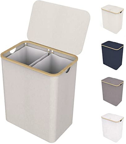 LONBET 150L Double Laundry Basket with Lid and Sturdy Bamboo Frame - Aesthetic Laundry Hamper with Side Handles, Made from Breathable Fabric - Laundry Bin with Removable Bag, Clothes Basket Beige