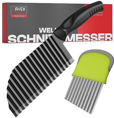 NAYEK Vorteilspaket Wellenschneider. Scharfes, stabiles und leicht zu schneidendes Wellenmesser für Gemüse, Salat und Pommes Frites. Professionelles, spülmaschinenfestes Wellenschnittmesser