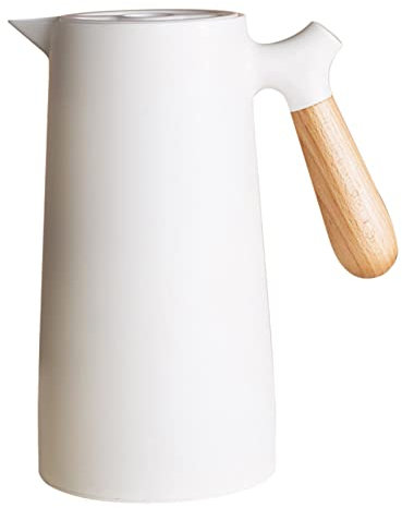 34oz/1L Thermal Coffee Carafe, Double Walled Vacuum Coffee Tea Pot with Glass Liner Insulated Coffee Thermos with Wood Handle, Keeping Hot Cold(White)
