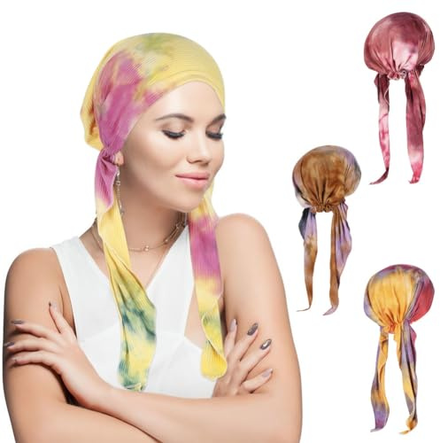 Vorgebundenes Chemo-Kopftuch, 4 Stück, bunt, Batik, Beanie, Totenkopf, Turban, Kopftuch für Damen
