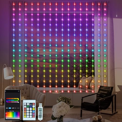 ZAIYW Smart Lichtervorhang RGB 5050 mit Integriertem Chip, 2,4M x 1,8M Vorhang Lichterkette Fernbedienung und APP Steuerung, USB 144 LED Lichterketten Vorhang für Party Hochzeit Innen Außen Deko