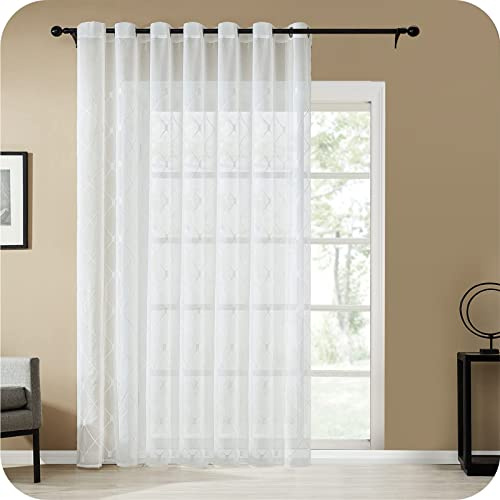 Topfinel Gardinen mit Ösen Stores Gardinen Wohnzimmer Karierte Vorhang Weiß, Bestickte Dekorative Vorhänge Schlafzimmer, 1 Stück, 300 x 240 cm (B x H)