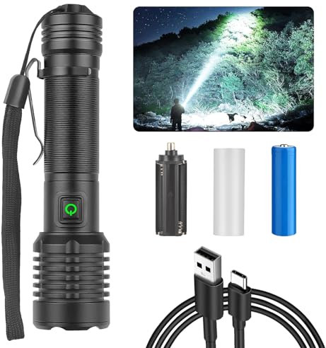 Chasinglee Torcia LED Ricaricabile 90000 lumen, Torcia LED Potente Tattica Ad Alto Lumen, Torcia Ad Alta Potenza, Super Luminosa, Ricaricabile Type-C, Per il Campeggio e l'escursionismo