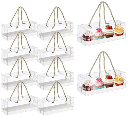 Zinaroty 10 Pcs Clear Cake Boxes with Handles, Rectangular Plastic Bakery Cake Gift Boxs for Birthday Wedding Dessert Gift Party (22.5x7.8x7.8cm)
