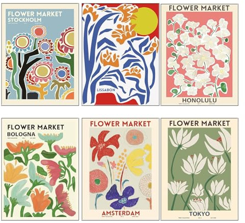 LIMEOW 6 Piezas Póster Moderno de Mercado de Flores, Imágenes de Flores, Carteles de Pared Vintage, Sin Marco, Juego de Pósteres Premium para Salón, Dormitorio, Comedor, Oficina, Hotel(30 x 21 cm)