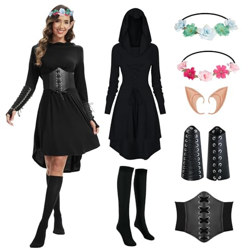 OPAEHJF Costume rinascimentale da donna medievale con cappuccio, abito gotico, cosplay, vintage, vittoriano, per Halloween e carnevale (nero, M)