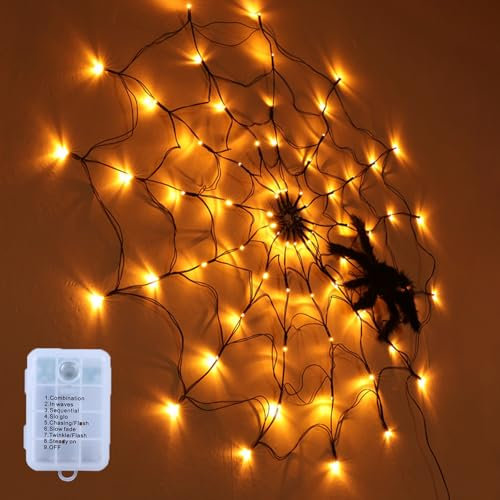 XinlieHalloween Luci LED a Ragnatela con Ragno Nero per Esterno Casa Cortile Giardino Finestra