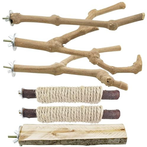 Allazone 6 Stück Natur Sitzstangen für Vögel, Naturholz Sitzstangen, Vogel Spielzeug mit Seil, Vogelkäfigzubehör für Kleine Sittiche, Nymphensittiche, Sittiche