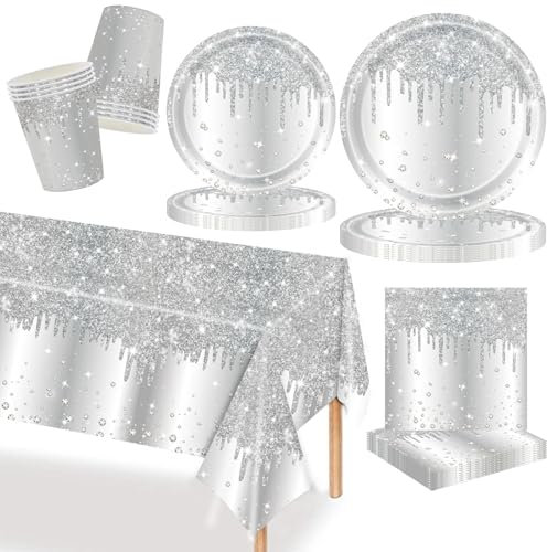 Morainjay Set di stoviglie in argento, 69 pezzi, piatti di carta, tovaglia, bicchieri, tovaglioli, per festa matrimoni, anniversari, decorazione da tavolo di compleanno