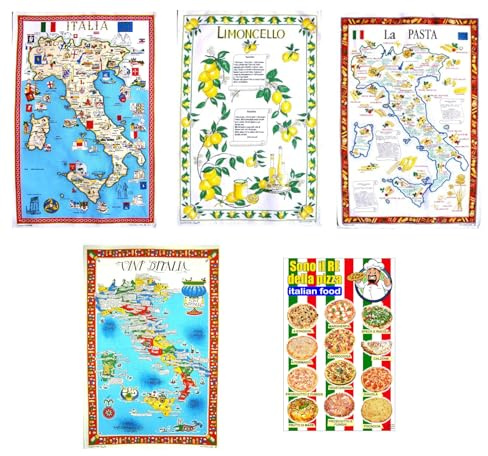 Set 5 Strofinacci Canovacci Souvenir Italiani, Tessuto Tela Cotone, da regalare, Utile in Cucina, asciuga, decorativi, Made in Italy, italia limoncello pasta pizza vini, Eco-friendly, tessuti per casa