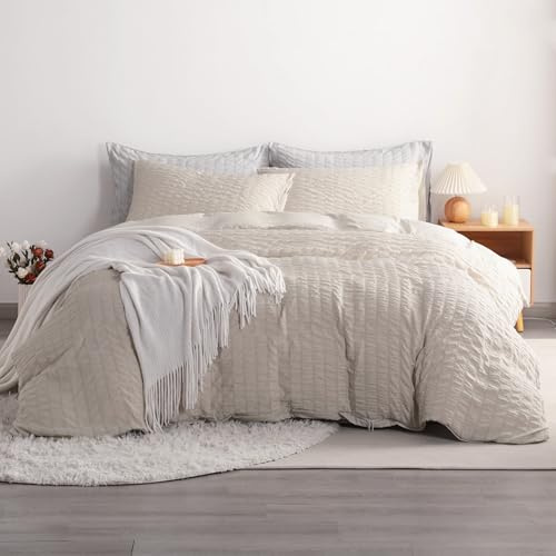 NTBAY 2 Pieces Twin Duvet Cover Set, Seersucker Textured Stripe Washed Microfiber Comforter Cover with Zipper Closure, 68x90 Inches, Taupe