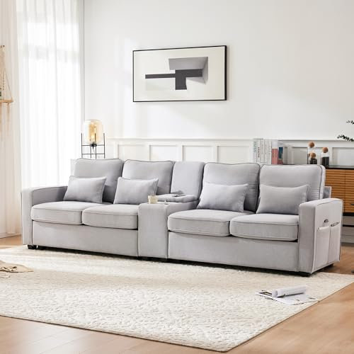 Dolamaní Modernes Big Sofa & couches 4 Sitzer mit Konsole, 2 Getränkehaltern, Armlehnentaschen und 4 Kissen, 246x 83 x 88 cm für Wohnzimmer, Wohnung, Büro (Grau mit Konsole)