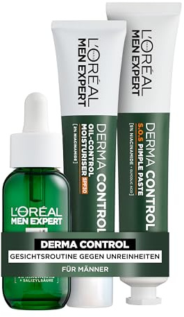 L'Oréal Men Expert Pflegeset gegen unreine Haut für Männer, Geschenkset mit Serum, Gesichtscreme und Pickelpaste, Geschenke für Herren mit Niacinamide und Salizylsäure, Derma Control, 3-teilig