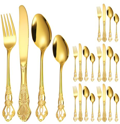 Royal Golden Cutlery Set, BILLION DUO 24 Piece Cutlery Set Flatware Set for 6 People, Palace Style Mirror Polished, Dishwasher Safe, Knife Fork Spoon Cutlery for Home/Banquet/Catering