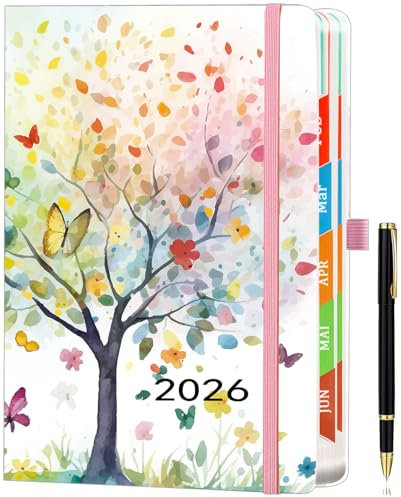 ZXHQ Kalender 2026 A5 (21,5 x 15 cm) Tagesplaner – auf Deutsch, 1 Tag 1 Seite Hardcover Terminplaner, mit Bunten Monatsübersicht, Inspirierenden Zitaten, Innentasche - Baum des Lebens