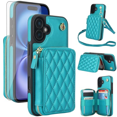 Phone Case for iPhone 16 6.1 inch Wallet Cell Cover with Tempered Glass Screen Protector Wrist Crossbody Strap Lanyard Stand RFID Blocking Credit Card Holder TPU i Phone16 i16 16Case Women Girls Green
