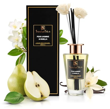 SocialSkn Difusor de varillas de lujo, 200 ml, pera, jazmín y vainilla, inspirado en el opio negro, aceite perfumado de primera calidad con 8 varillas y 2 flores decorativas, larga duración de 6 a 9
