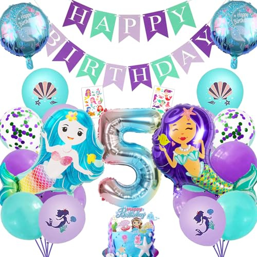 YOUYIKE 5 Jahre Meerjungfrau Deko Kindergeburtstag, Geburtstag Mädchen Meerjungfrau Deko, XXL Folienballon Mermaid Meerjungfrau Ballonset mit Happy Birthday Banner Mermaid Cake Plugin