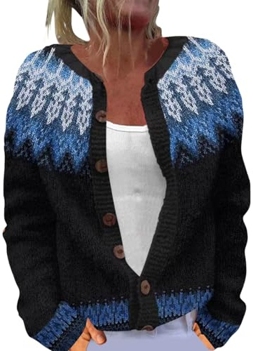 Cardigans for Women UK Fair Isle Nordic Patterned Sweater Long Sleeve Crew Neck Cardigan Jacket for Autumn and Winter