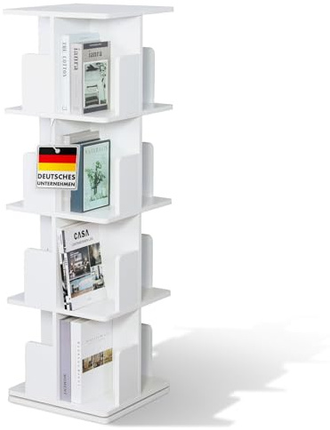 Floordirekt drehbares Bücherregal, Regal weiß mit 4 Etagen, Würfelregal, 40T x 40B x 129H cm, Drehregal 360° für Kinderzimmer, Wohnzimmer, Büro und Schlafzimmer (Indiana)