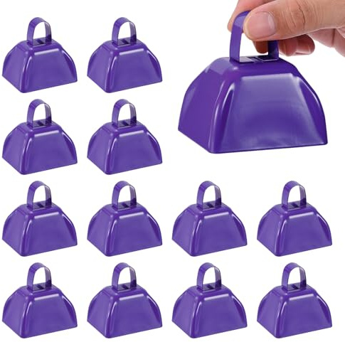 PATIKIL 16pcs Cow Bells for Football Games, 3inch Cowbells for Sporting Events Bulk Loud Noise Makers Metal Cow Bell with Handle for Cheering Competition Marathon Wedding, Blue Purple