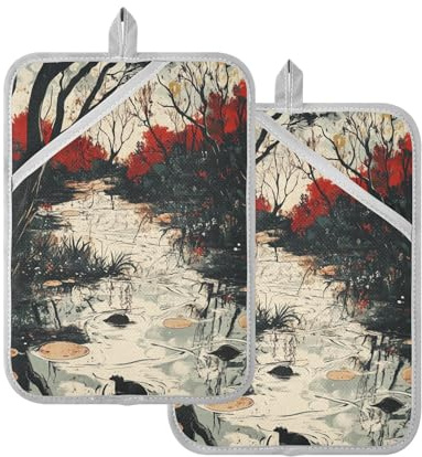 Pot Holders for Kitchen Heat Resistant Streams Flower Trees Mysterious Potholders with Pocket Hot Pan Holder Oven Pad 2 Pack