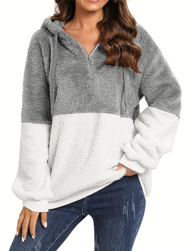 Vossmi Sudaderas con Capucha para Mujer Jersey de Forro Polar Suelto Sudadera Manga Larga con Caliente Otoño Invierno Blanco grisáceo,S