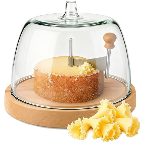 KZAER Cheese Curler Wheel with Lid, Stainless Steel Cheese Curler Flower Maker Wheel Slicer, Sharp Blade Cheese & Chocolate Shaver with Wooden Base, Create Cheese Rose Flowers (Round, With lid)