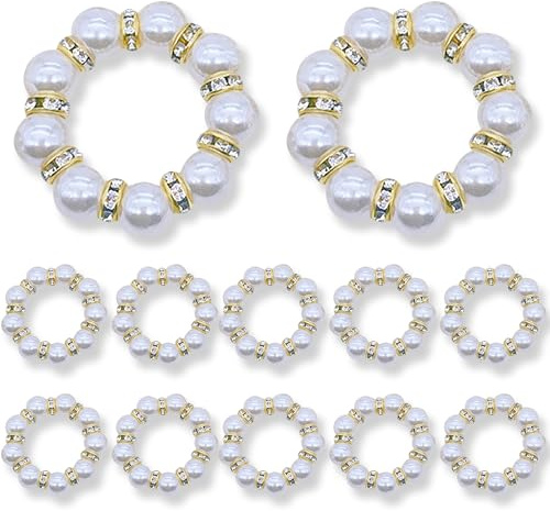 12 Stück Serviettenringe Gold, Elastische Serviettenschnalle Tischdekoration, Napkin Rings Kunststoff Perlen Serviettenringe für Hochzeit Party Abendessen Tischdekoration