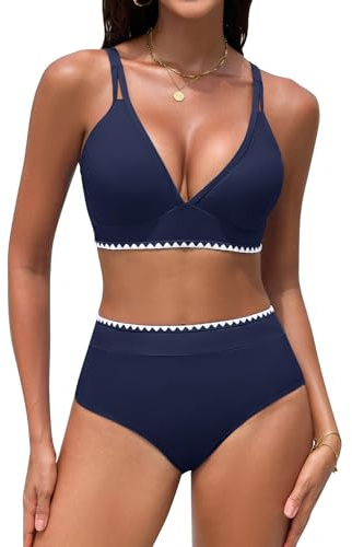 UMIPUBO Bikini dam set hög midja push up mage väg hög midja tvådelad v-ringad badmode färgblockering med mussla kanter badkläder, Marinblå, L