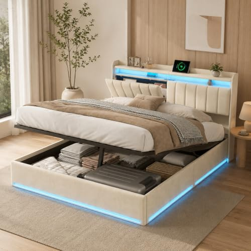 PerGar Polsterbett 140x200 mit Hydraulik, Stauraum, USB, LED - Beige, Samt | Bett 140x200cm mit Gaslift, Samtbezug. App RGB LED, USB Type-C, Kopfteil Regal. Beige oder Grau, 2 Groessen