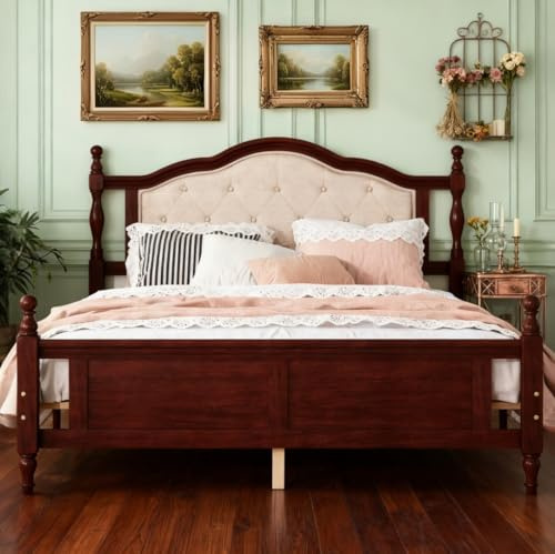 Bellemave Queen Pine Wooden Bed Frame with Upholstered Headboard and Panel Foot Board, Vintage Mid Century Bed Frame, Queen Size Wood Bed Frames,Classic Cherry