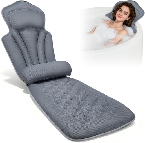 Badewannenkissen mit EXTRA Lendenkissen · 144 Saugnäpfe (12x mehr Halt!) ·Kissen Badewanne · 4D Weiches Badekissen Set mit Kopfstütze & Abnehmbarem Zusatzkissen · 133x41 cm · Inkl. Waschbeutel (Grey)