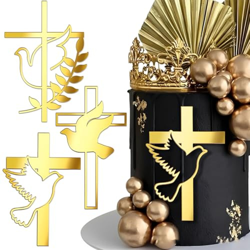 Luxorium Lot de 3 décorations de gâteau Communion croix dorée Cake Topper pour baptême, confirmation, décoration de gâteau en acrylique