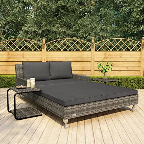 ZXQVLMRS Double Sun Lounger with Side Tables, Outdoor Rattan Daybed for Patio Garden Poolside, Grey Weather-Resistant Furniture with Cushions and Pillows