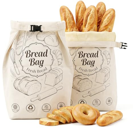 Qivra 2 stycken brödpåsar förvaring fräschhet, 43 x 33 cm bivax brödpåse med dragkedja, återanvändbara bomullsbrödpåsar stor ekologisk för bröd och bakverk