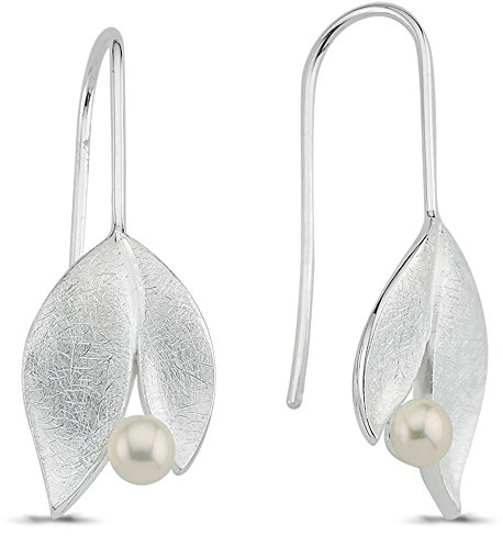 Vinani Ohrhänger 2 Blätter mit Süßwasserzuchtperle elegant gebürstet Sterling Silber 925 Natur Perle Ohrringe 2OHL