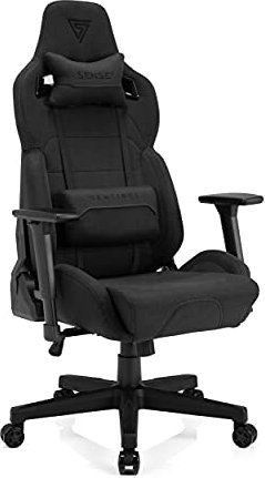 SENSE7 Gaming Stuhl Sentinel, ergonomischer Gaming Sessel mit verstellbaren Lendenkissen, einstellbarer Neigungswinkel, Gaming Chair mit Wippfunktion, Stoff Bürostuhl 150kg, PC Stuhl Schwarz