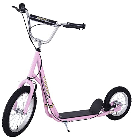 HOMCOM Trottinette patinette Enfant à partir de 5 Ans Grands pneus Guidon réglable poignées Freins et béquille Acier Rose