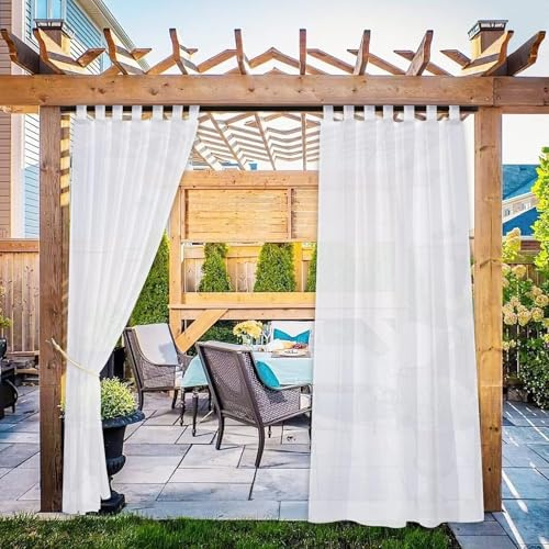 NICETOWN 2 Panels Patio Curtains Outdoor Waterproof, Sticky Tab Top Porch Decor Indoor Outdoor Curtains & Drapes Lightweight & Airy for Garden/Sun Room, White, W54 x L108