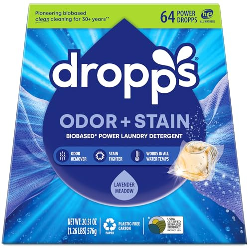 Dropps Odor & Stain Biobased Power Laundry Detergent Pods, Lavender Meadow (64 Count) - HE Compatible Laundry Pods for Fresh Clothes - Washing Detergent Soap Supplies & Recyclable Paperboard Packaging